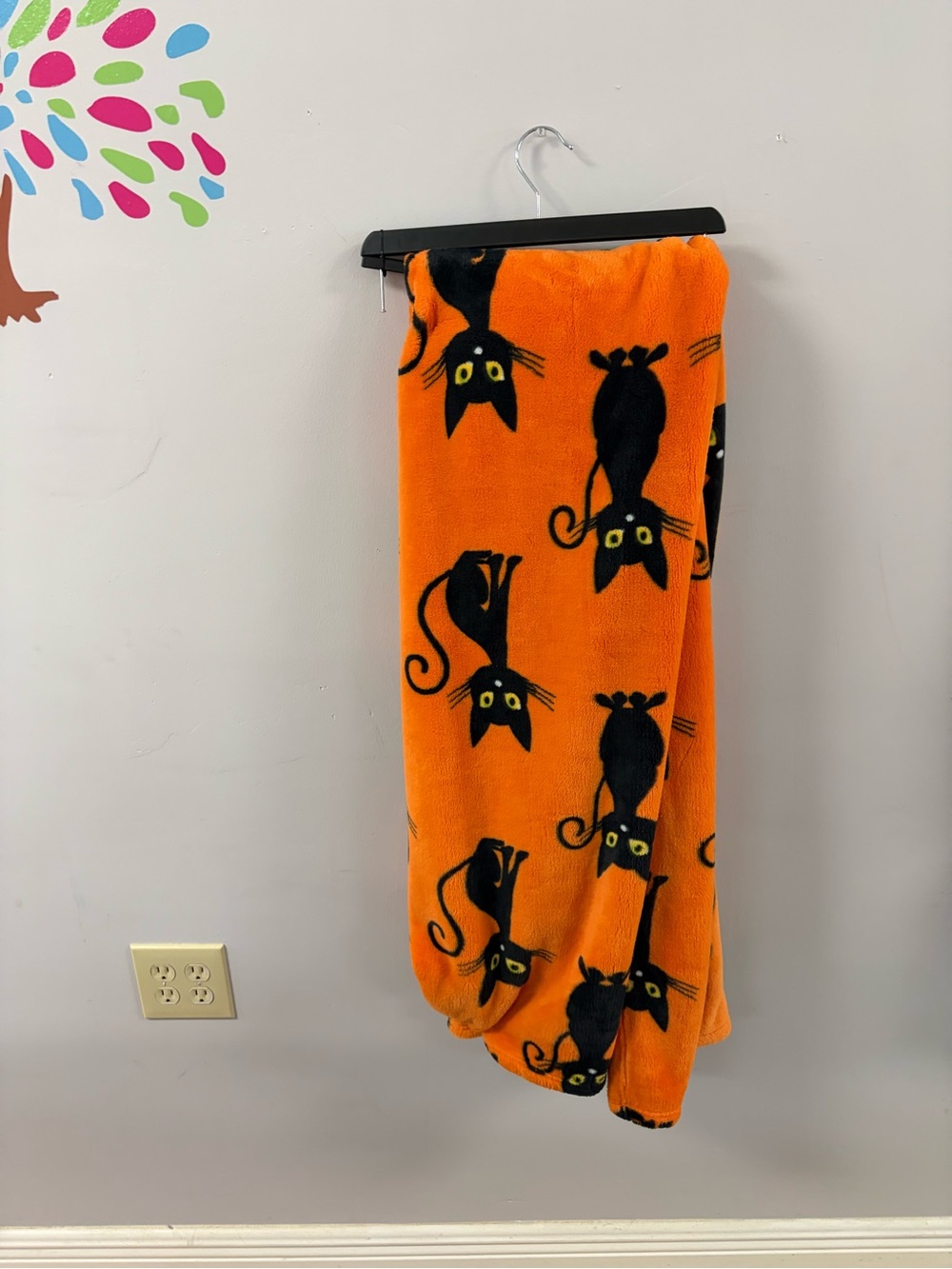 Plush Orange Fleece Throw with Black Cat Print